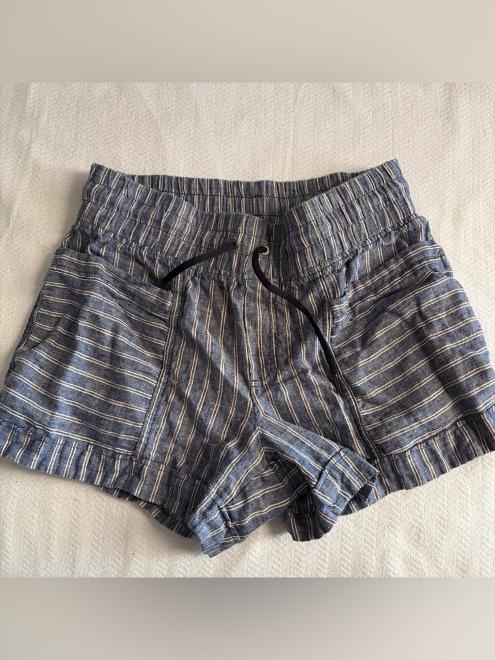 Athleta Blue and White Striped Athletic Drawstring Shorts
